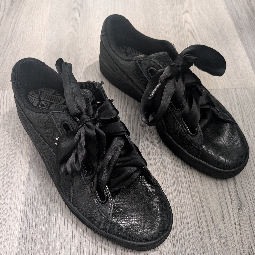 Puma Heart Basket Black Satin Ribbon Lace Sneakers Women's 9 Soft Goth
